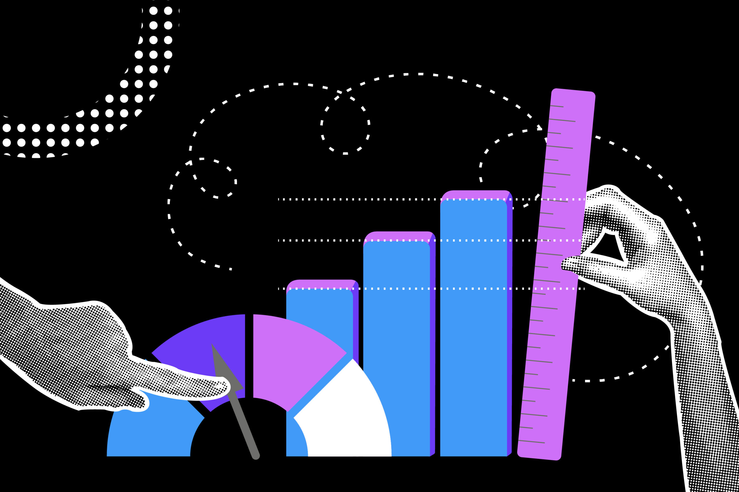 Fashionable halftone collage. Performance improvement concept, performance evaluation, analyze, measurement to evaluate success, improvement, scale evaluation concept, KPI key performance indicator. Illustration for web banner, social media banner.Vector illustration